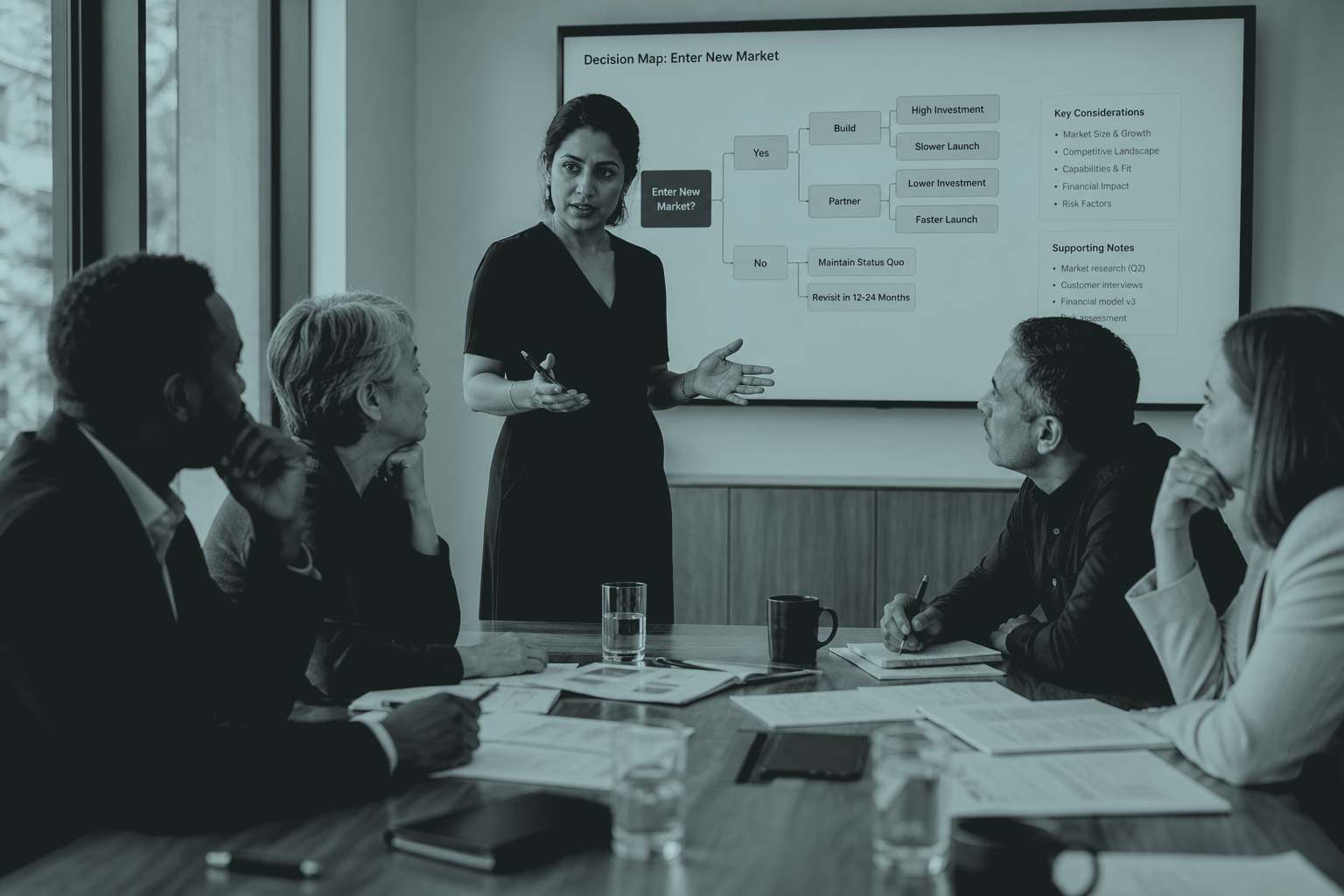 A facilitator walking a team through a plan mapped on glass