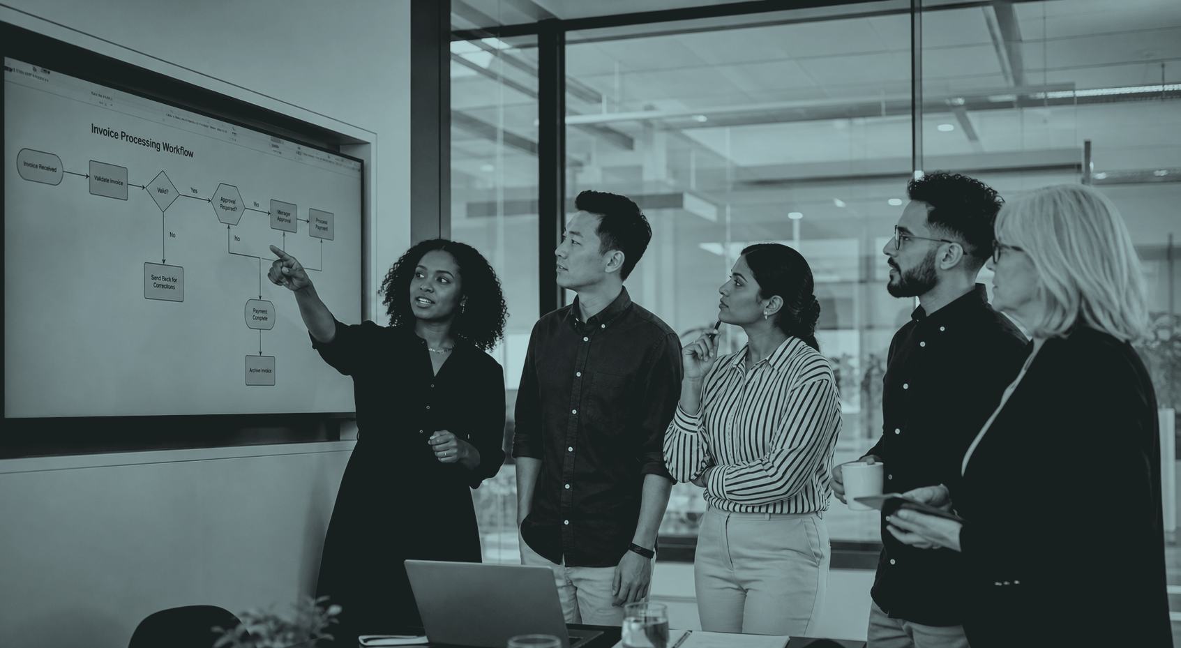 A team reviewing a workflow diagram on a wall display