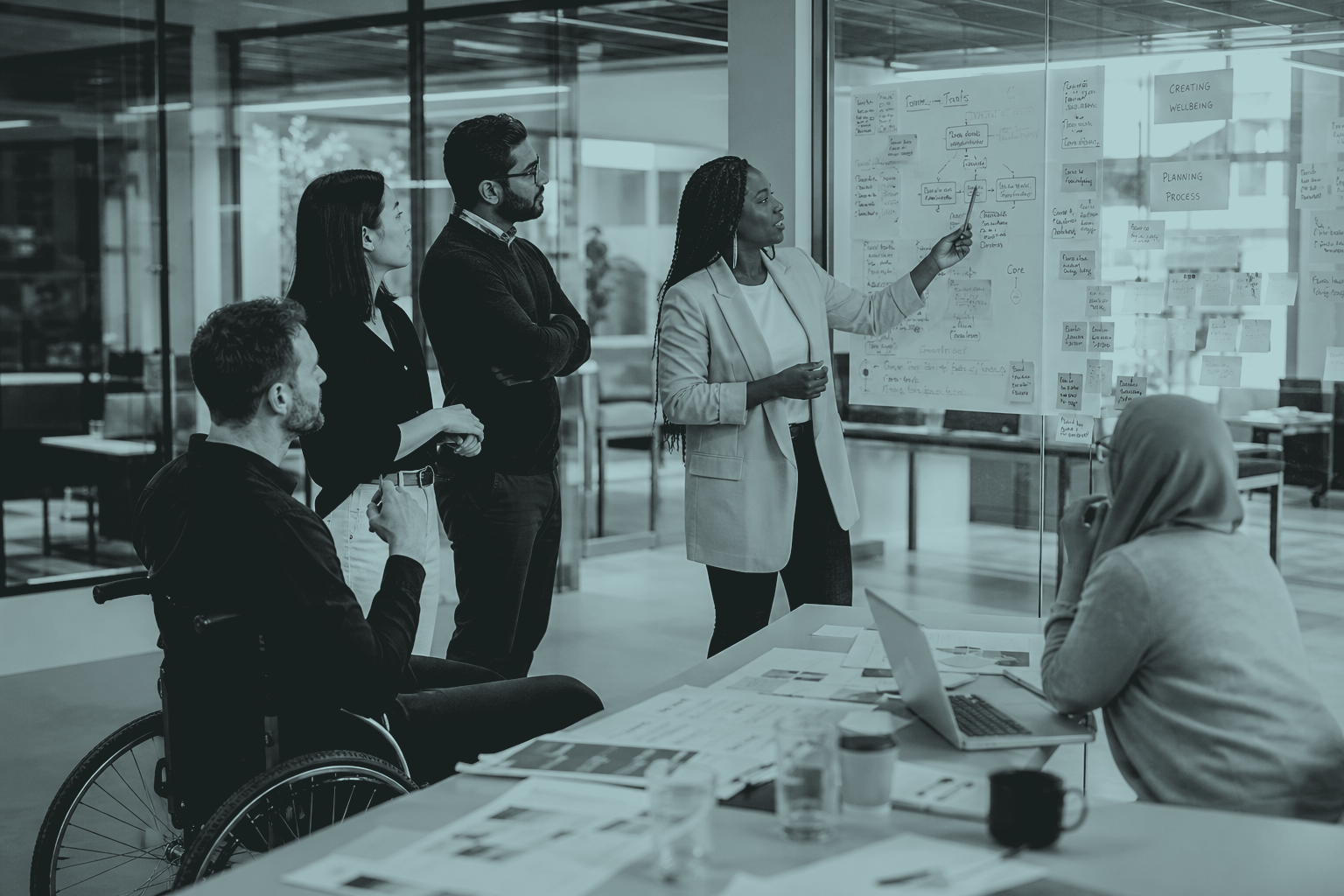 A team mapping a process on a glass wall