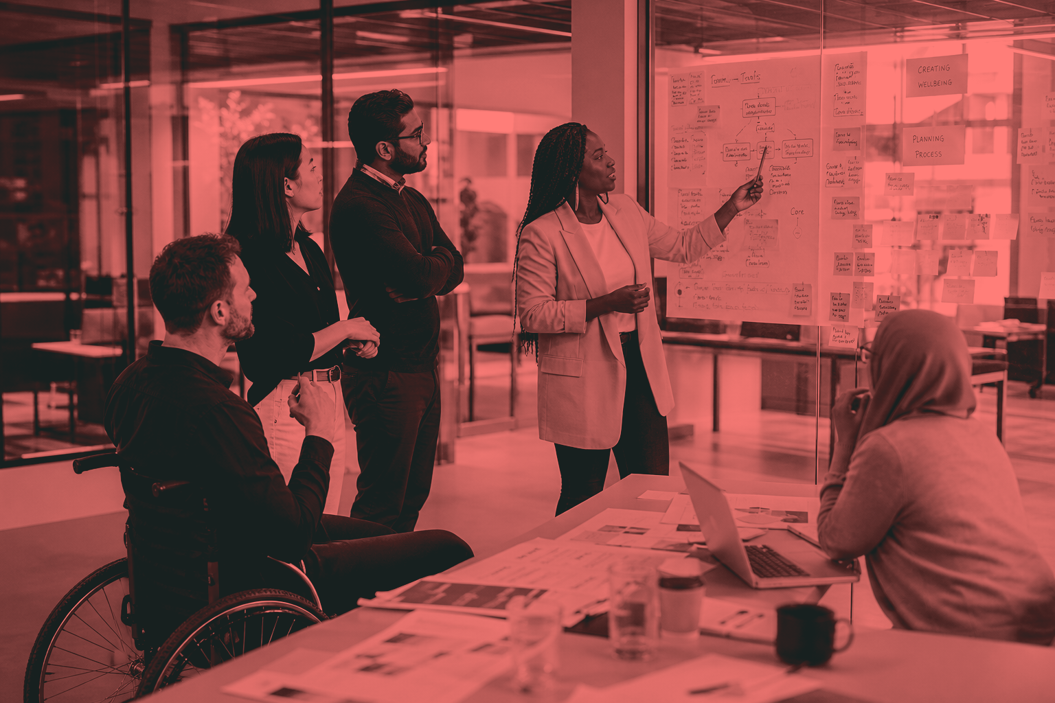 A working session with the team mapping process on glass